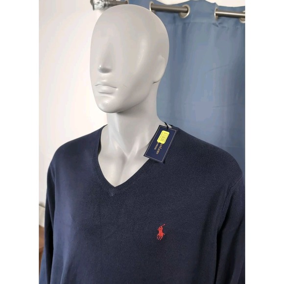 Polo Ralph Lauren V Neck Sweater Mens 2XLT Tall Navy Blue Red Pony Pima Cotton - Picture 1 of 10